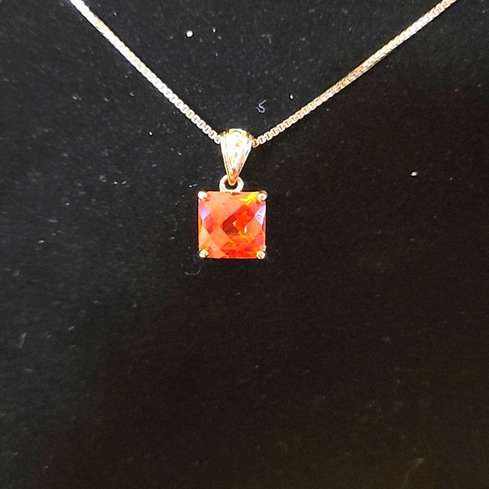 Vintage 5.5 ct. Princess Cut Padparascha Pendant w/ 18in Box Chain in Technibond